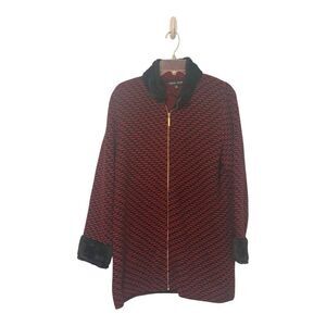 BLACK RIVET WOMENS LONG KNIT BLACK RED ZIP UP SWEATER AUTUMN COAT FAUX FUR~M